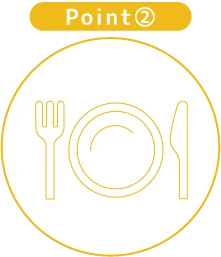Point② 大腸がんの予防に効果的（食事・皿とナイフフォークのイラスト）